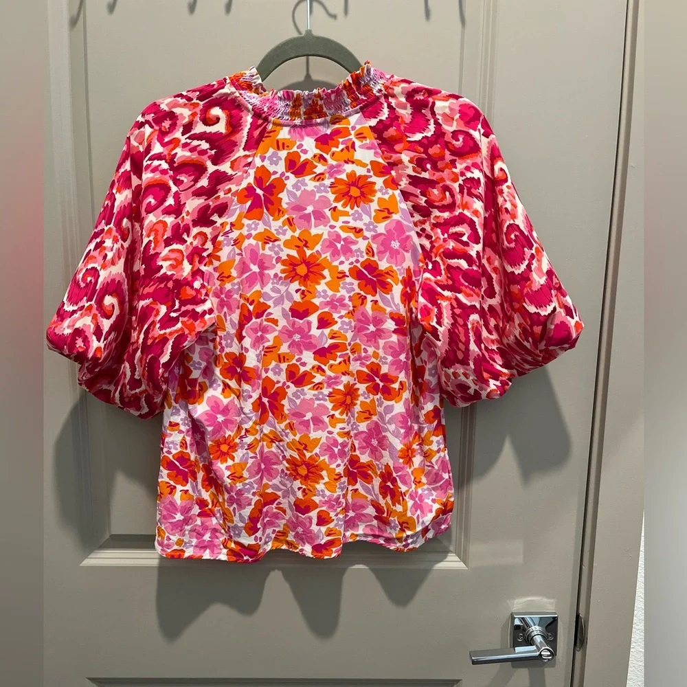 THML Pink Puff Sleeve Blouse with Mandarin Collar - Picture 2 of 4